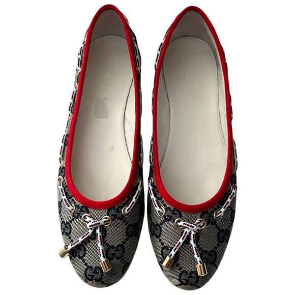 GUCCI GG Signature Logo Monogram Ballerina Flats EU 37 US 7 Navy Red Rope Accent - Picture 8 of 13